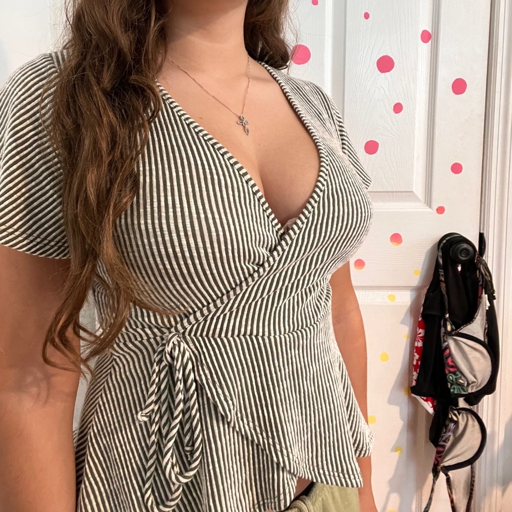 Caution To The Wind Black and White Striped Wrap Blouse
